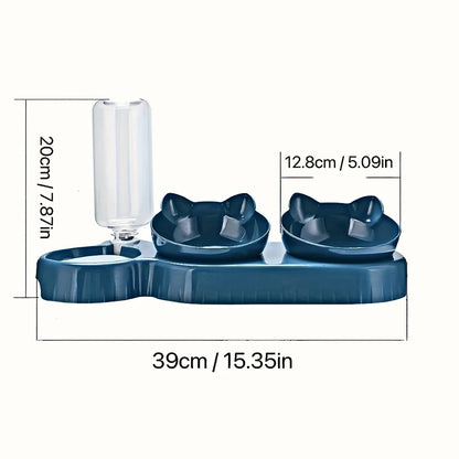 3-in-1 Cat Ear Pet Bowl Set with Automatic Water Dispenser – Anti-Vomiting Raised Cat and Dog Feeder with Tilted Food Bowls and Gravity Water Bottle