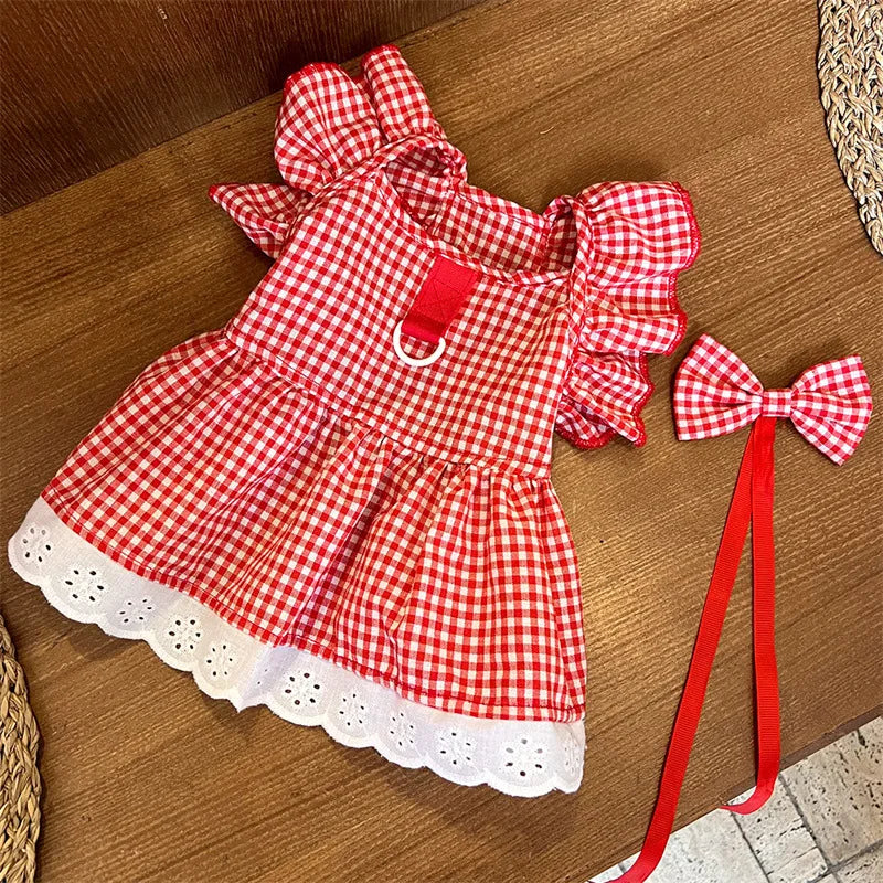 Red plaid cotton dog dress with lace
