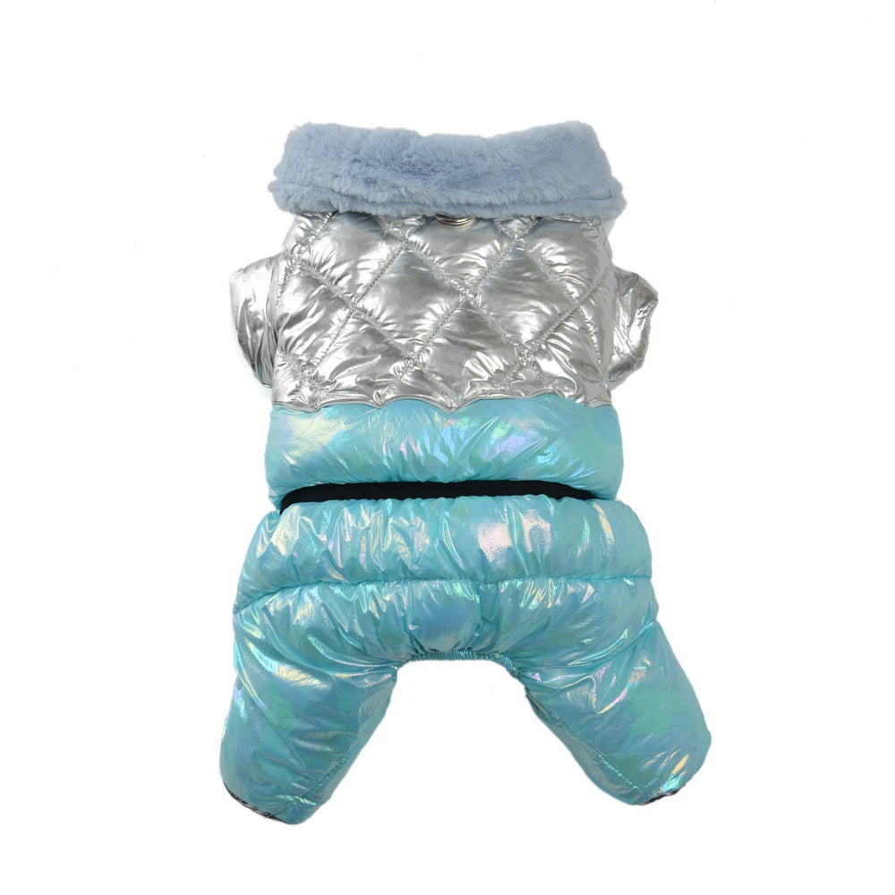 Blue padded dog jacket for cold weather
