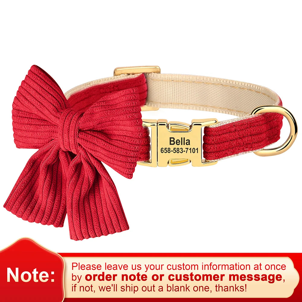 Personalized Velvet Dog Collar with Bowknot – Custom Engraved ID Tag, Adjustable Pet Collar for Small, Medium & Large Dogs