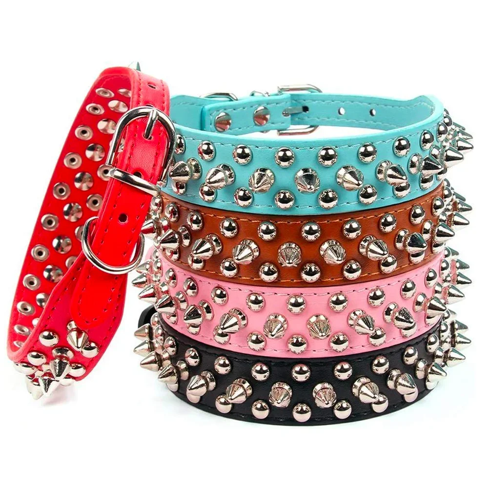 Red punk-style adjustable dog collar with metal spikes
