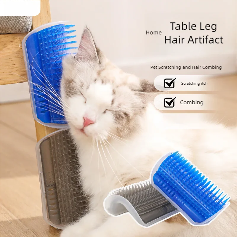 Cat self-grooming with blue corner brush