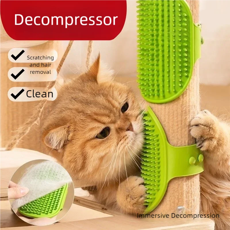 Green silicone pet grooming brush for cats – hair removal and massage