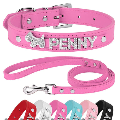 Pink personalized dog collar with rhinestone name charms and matching leash