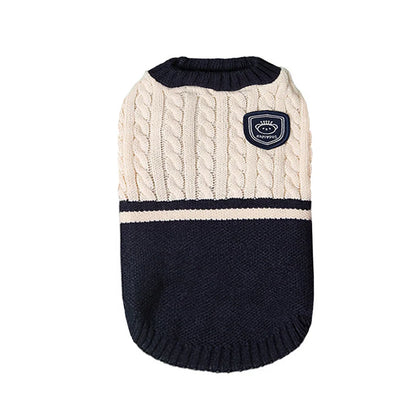 Knitted dog sweater with college style patch – premium winter pet clothing.