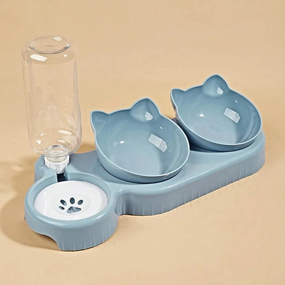 3-in-1 Cat Ear Pet Bowl Set with Automatic Water Dispenser – Anti-Vomiting Raised Cat and Dog Feeder with Tilted Food Bowls and Gravity Water Bottle
