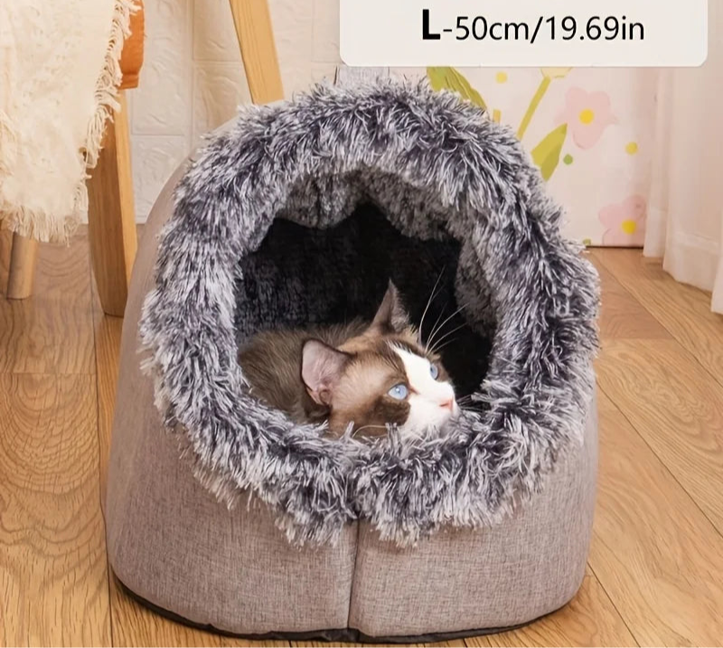 cat sleeping house with soft plush interior