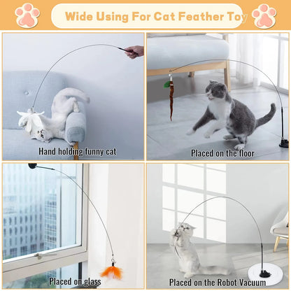 Interactive Cat Feather Toy with Suction Cup – 360° Bouncing Wand Toy with 2 Detachable Feathers for Wall, Floor, or Glass Mounting