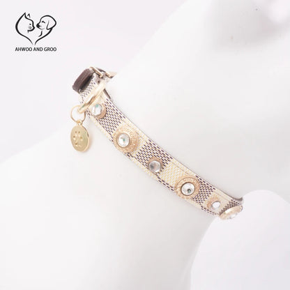 Pet wearing luxury PU leather collar with charm