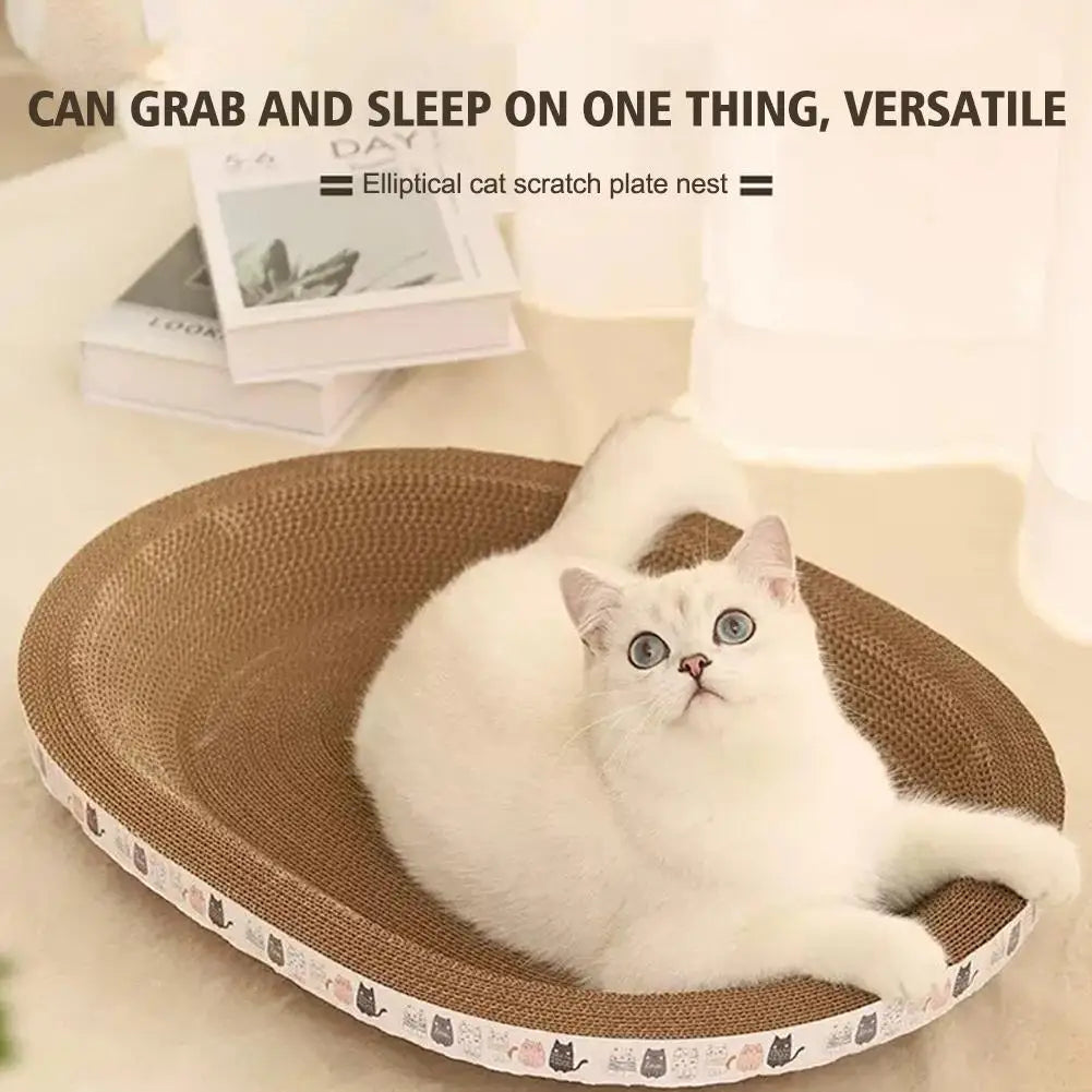 Cat lying on eco-friendly corrugated scratcher bed oval shape