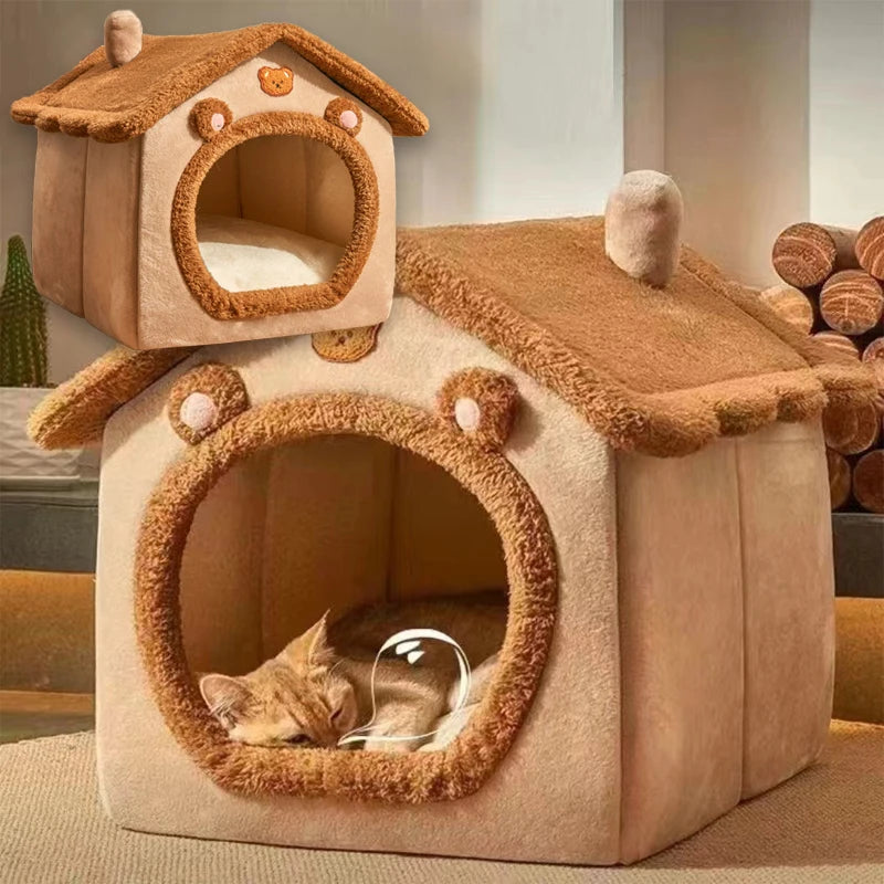 Dog resting inside cozy foldable house bed