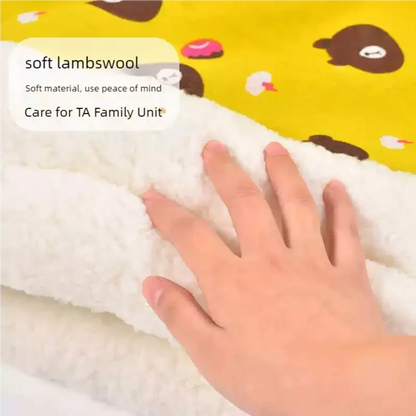 Three colors of plush cartoon cat beds – pink, yellow, blue