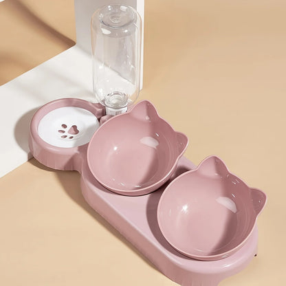 3-in-1 Cat Ear Pet Bowl Set with Automatic Water Dispenser – Anti-Vomiting Raised Cat and Dog Feeder with Tilted Food Bowls and Gravity Water Bottle