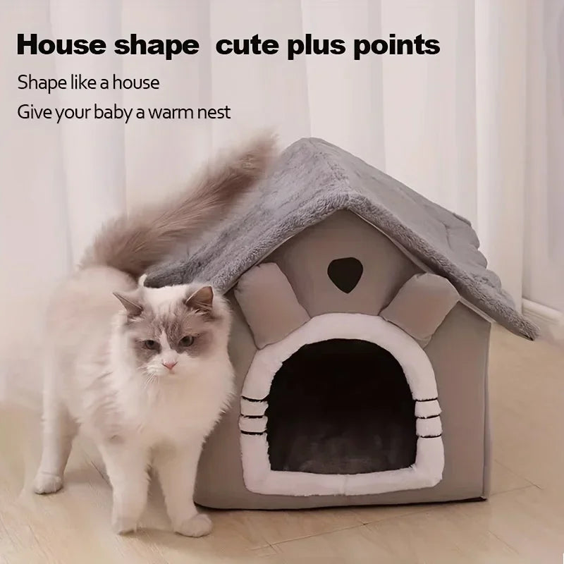Washable foldable cat bed in gray cave design