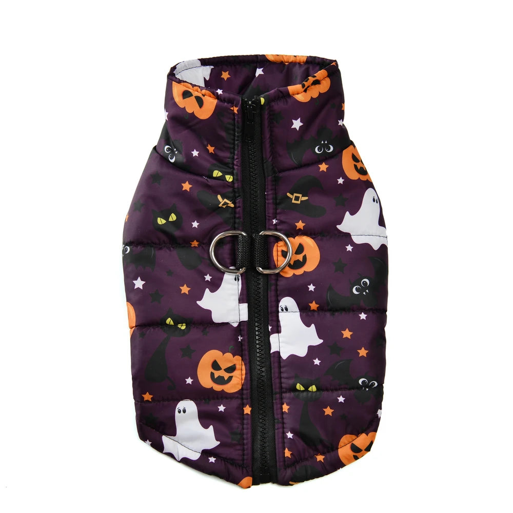 Multiple Halloween jackets for dogs displayed