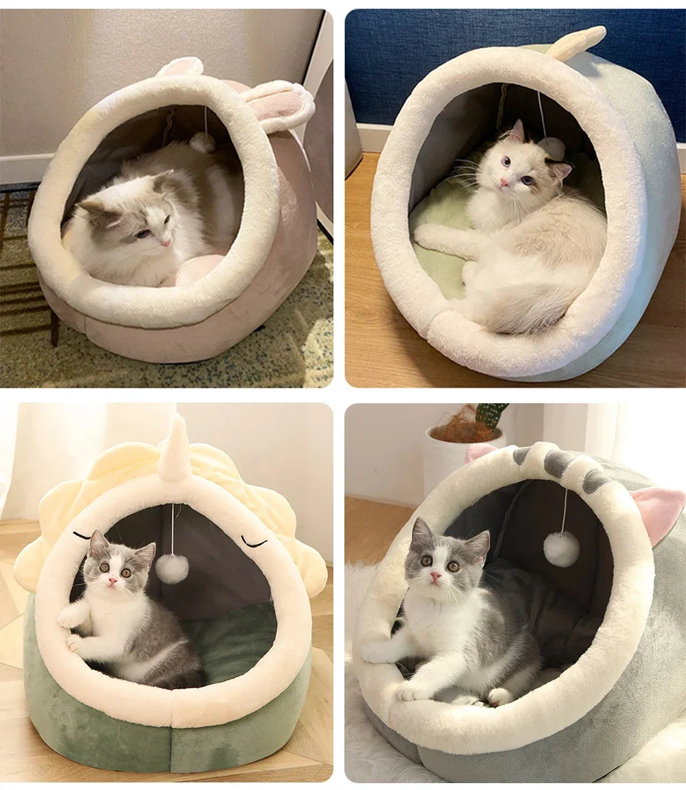 Cat sleeping inside washable cotton cave-style pet bed