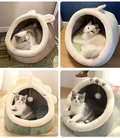 Cat sleeping inside washable cotton cave-style pet bed
