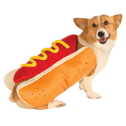 Dog wearing funny Halloween hot dog costume