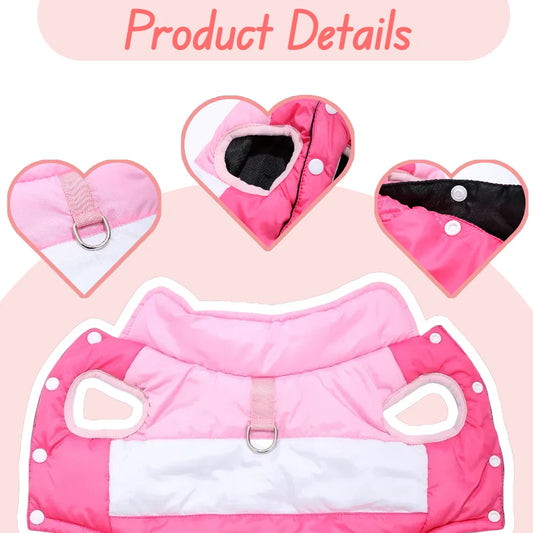 Dog wearing warm pink and white jacket – side view