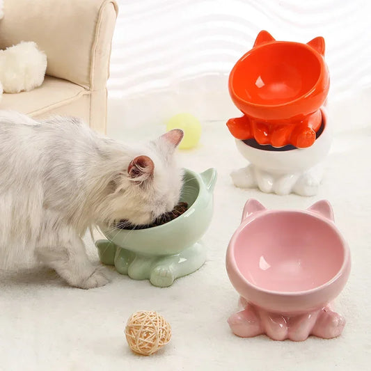 Ceramic cat bowl with raised stand in orange