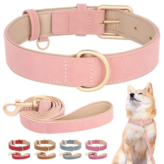 Soft padded dog collar and leash set – PU leather adjustable