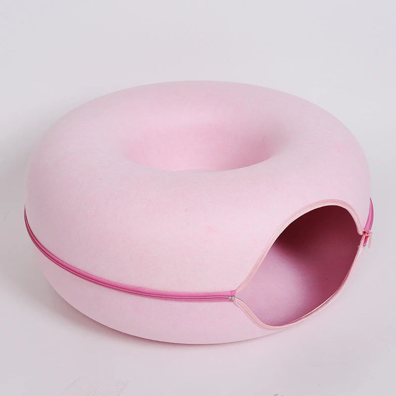 Donut Cat Bed with Tunnel – Dual-Use Cat House and Play Toy, Cozy Felt Bed for Kittens and Cats