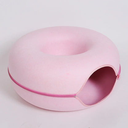 Donut Cat Bed with Tunnel – Dual-Use Cat House and Play Toy, Cozy Felt Bed for Kittens and Cats