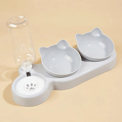 3-in-1 Cat Ear Pet Bowl Set with Automatic Water Dispenser – Anti-Vomiting Raised Cat and Dog Feeder with Tilted Food Bowls and Gravity Water Bottle