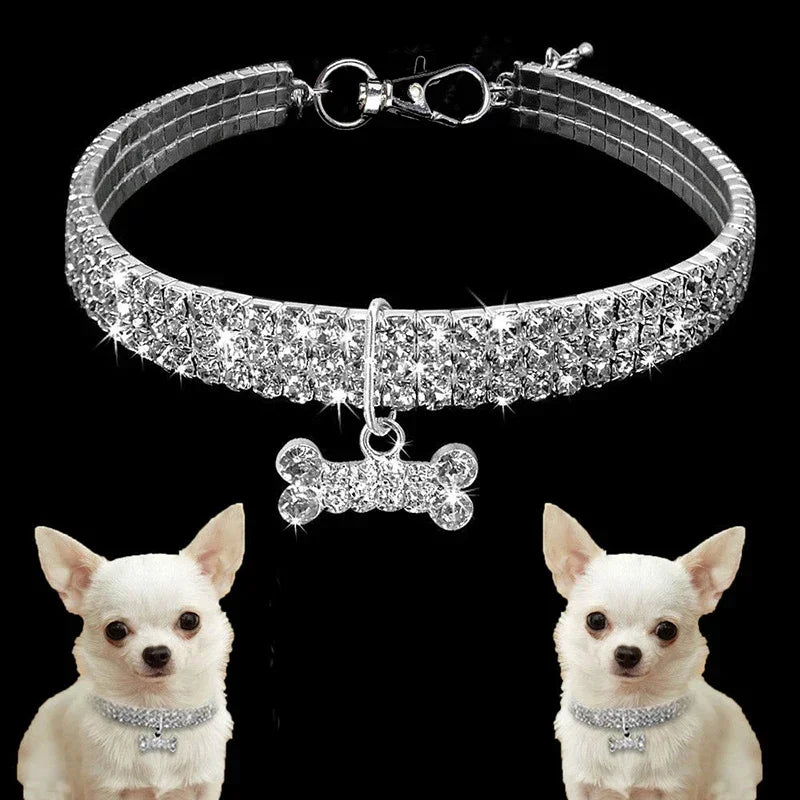 Luxury rhinestone dog collar with bone pendant for small dogs