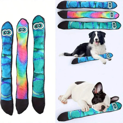 Dog playing with long plush snake toy – squeaky chew-resistant design