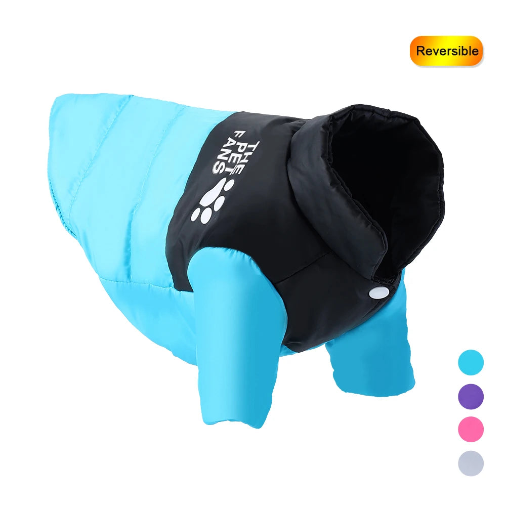 Blue reversible winter dog jacket waterproof and warm