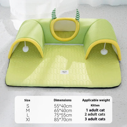 Cooling Cat Tunnel Bed – Summer Breathable Ice Silk Pet Mat with Tunnel for Cats, Anti-Slip Base, Soft Latex Nest for Small & Large Cats