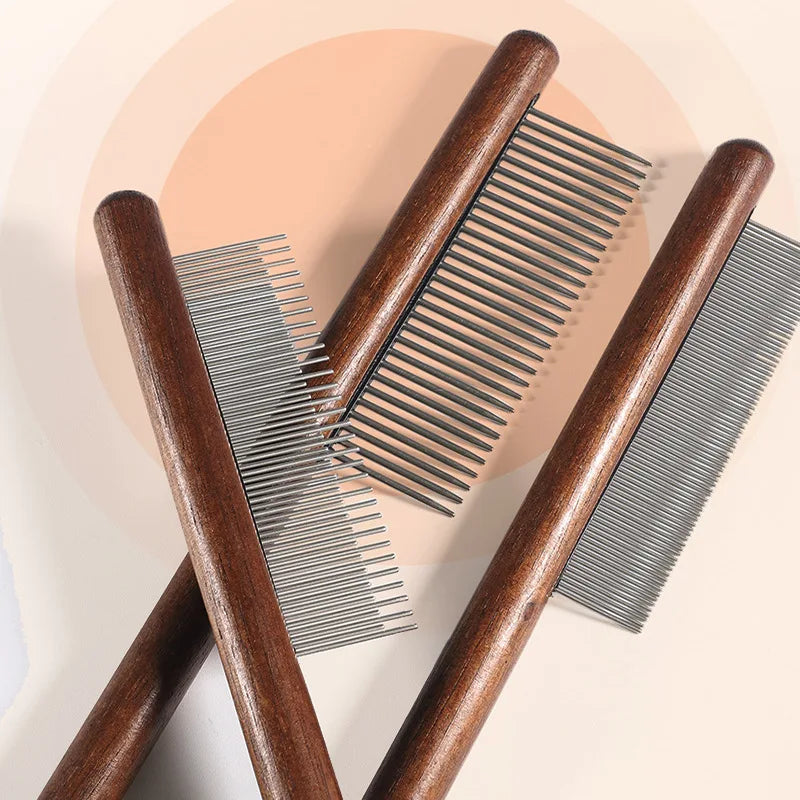Wooden handle cat comb with stainless steel teeth
