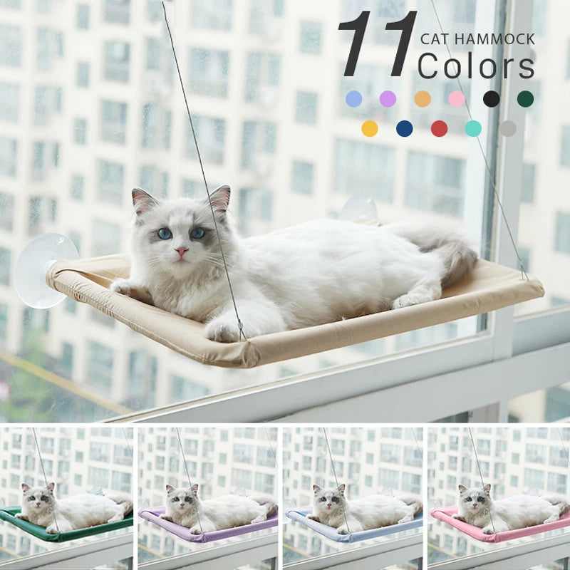 Cat lying on window hammock bed with strong suction cups