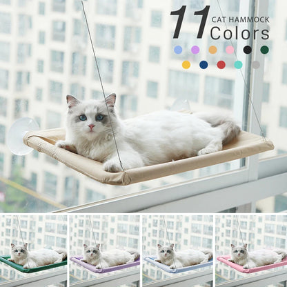 Cat lying on window hammock bed with strong suction cups