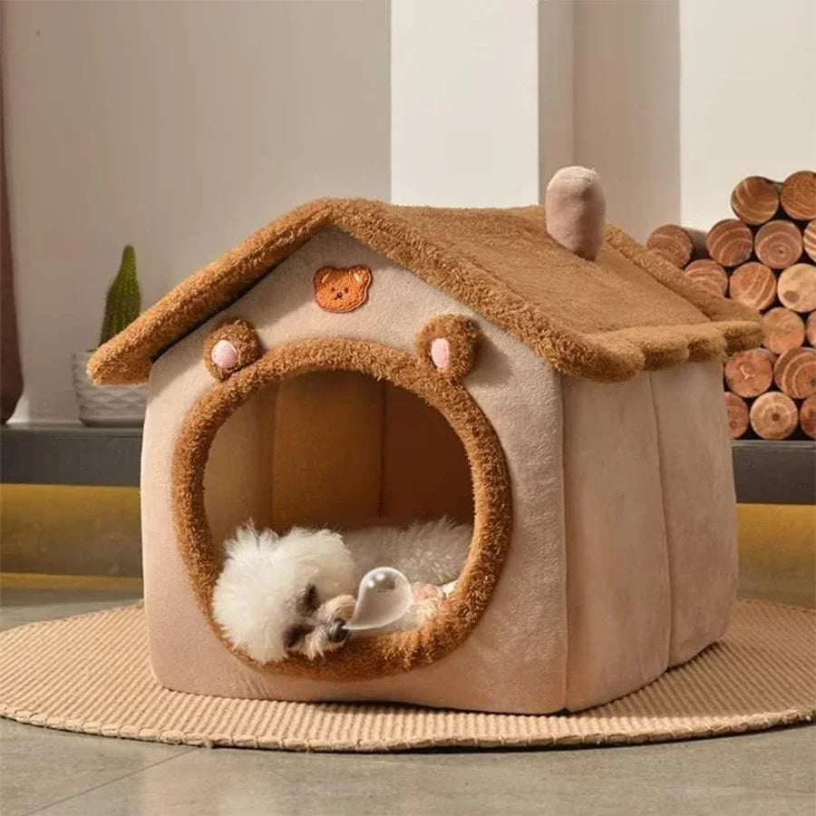 Cozy indoor dog and cat cave house bed with cushion