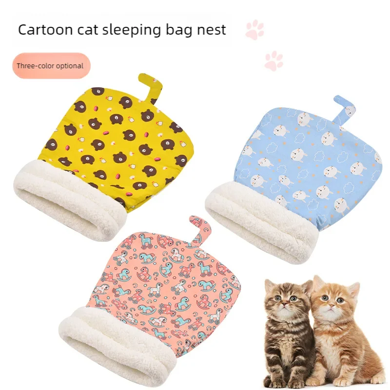 Yellow cartoon cat sleeping bag – soft plush closed bed for kittens