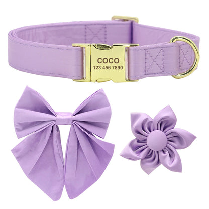 Personalized Dog Collar with Bowknot & Flower – Engraved Name Tag, Adjustable for Small, Medium & Large Dogs