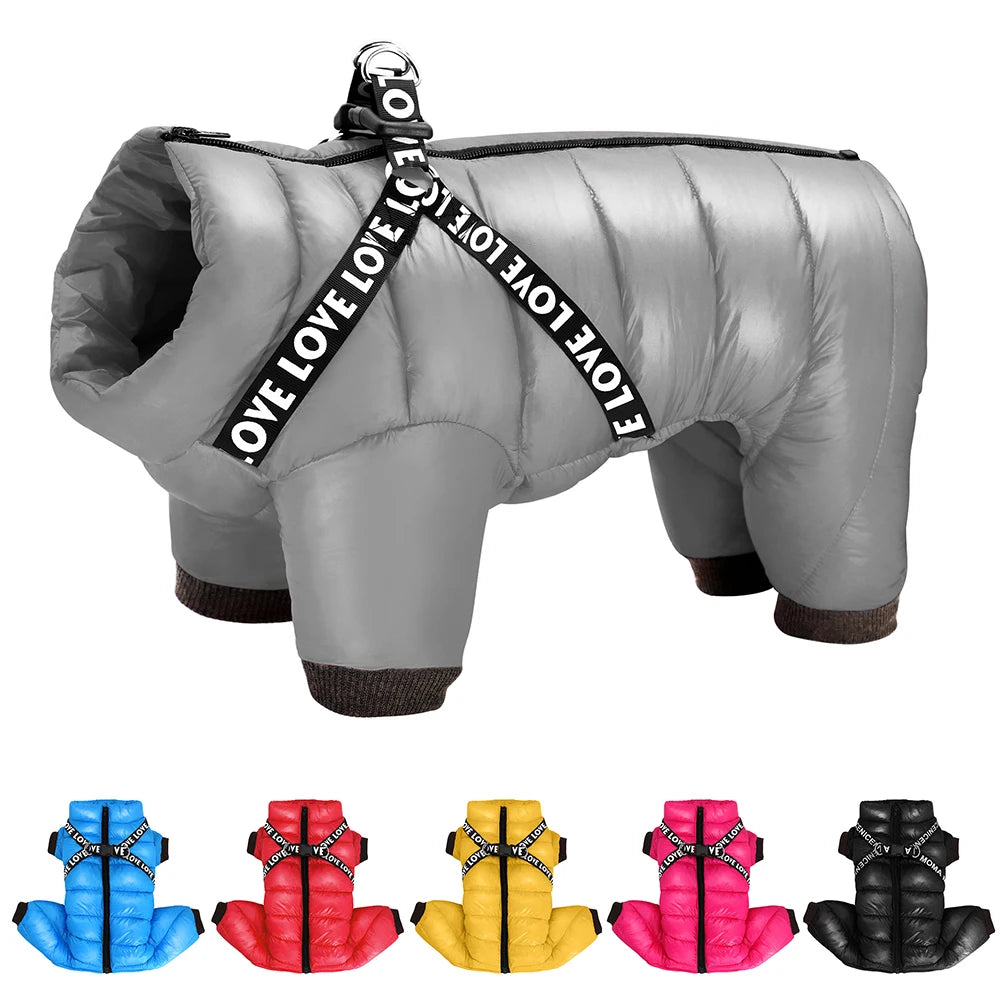 Gray winter dog jacket with integrated harness, thick cotton padding, and waterproof design