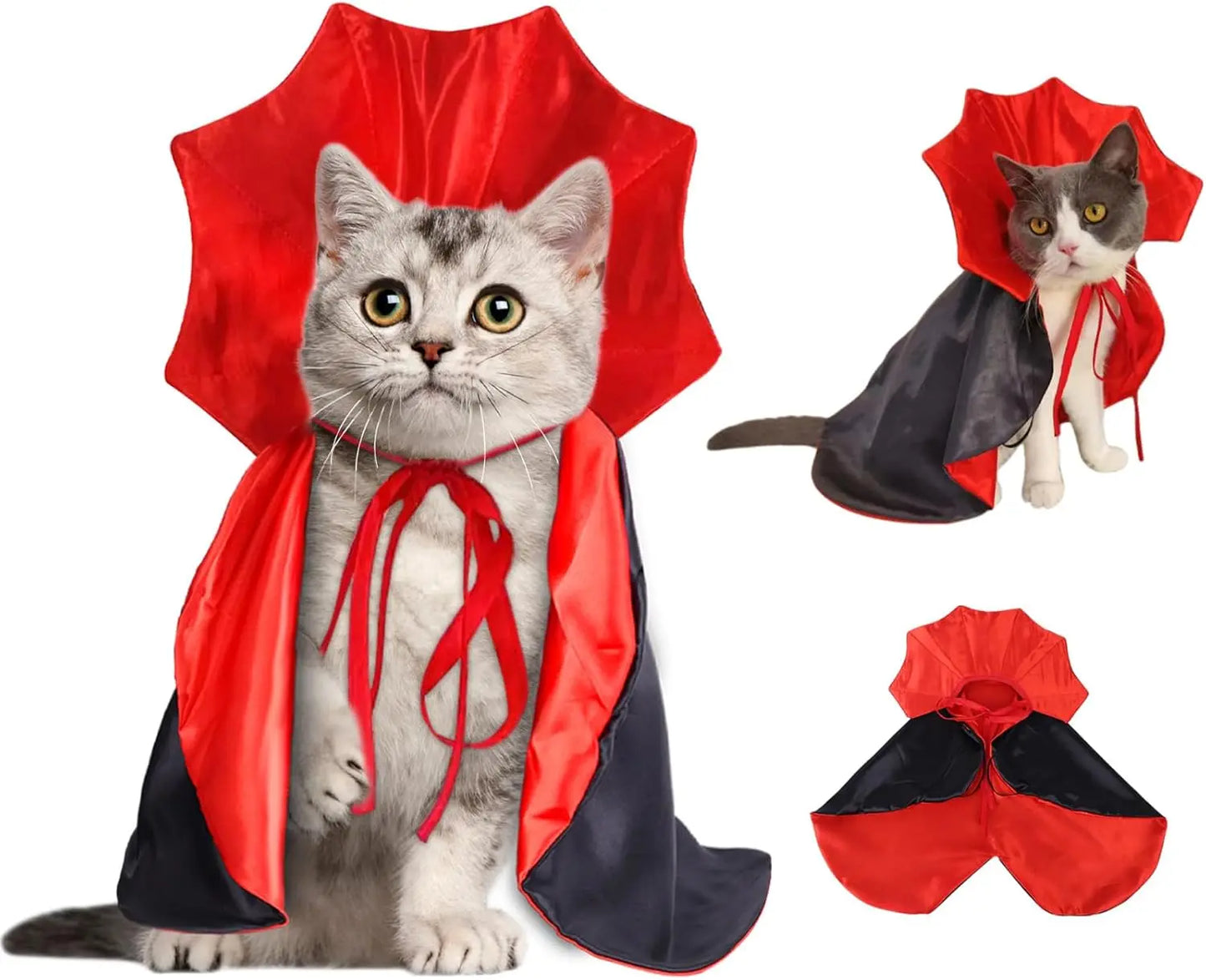 Pet wearing adjustable Halloween cloak at a party