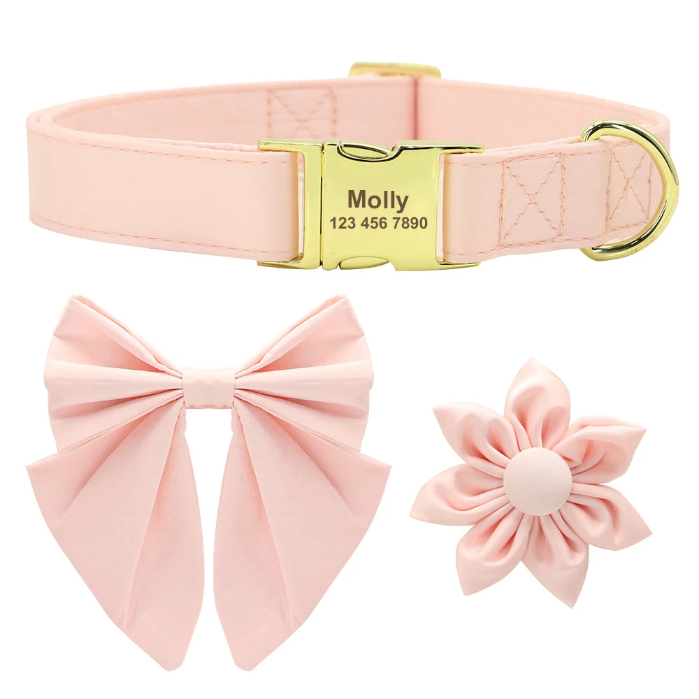 Personalized Dog Collar with Bowknot & Flower – Engraved Name Tag, Adjustable for Small, Medium & Large Dogs