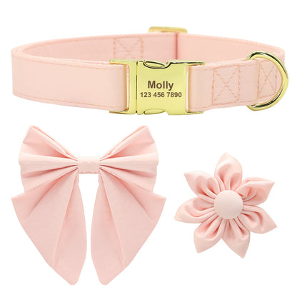 Personalized Dog Collar with Bowknot & Flower – Engraved Name Tag, Adjustable for Small, Medium & Large Dogs