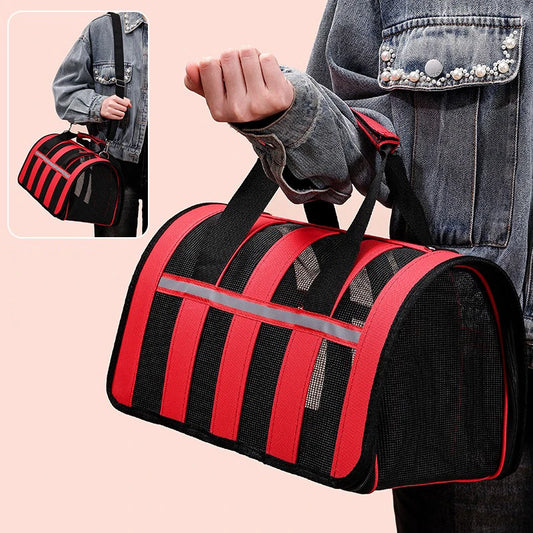 Red breathable pet travel carrier bag with mesh design