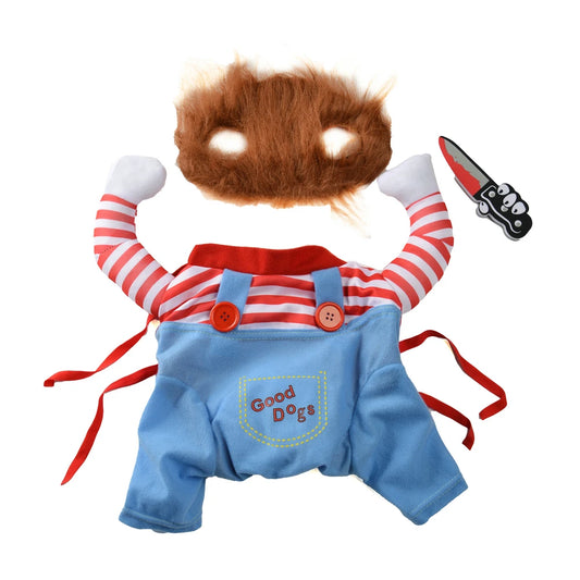 Dog in Chucky style Halloween outfit
