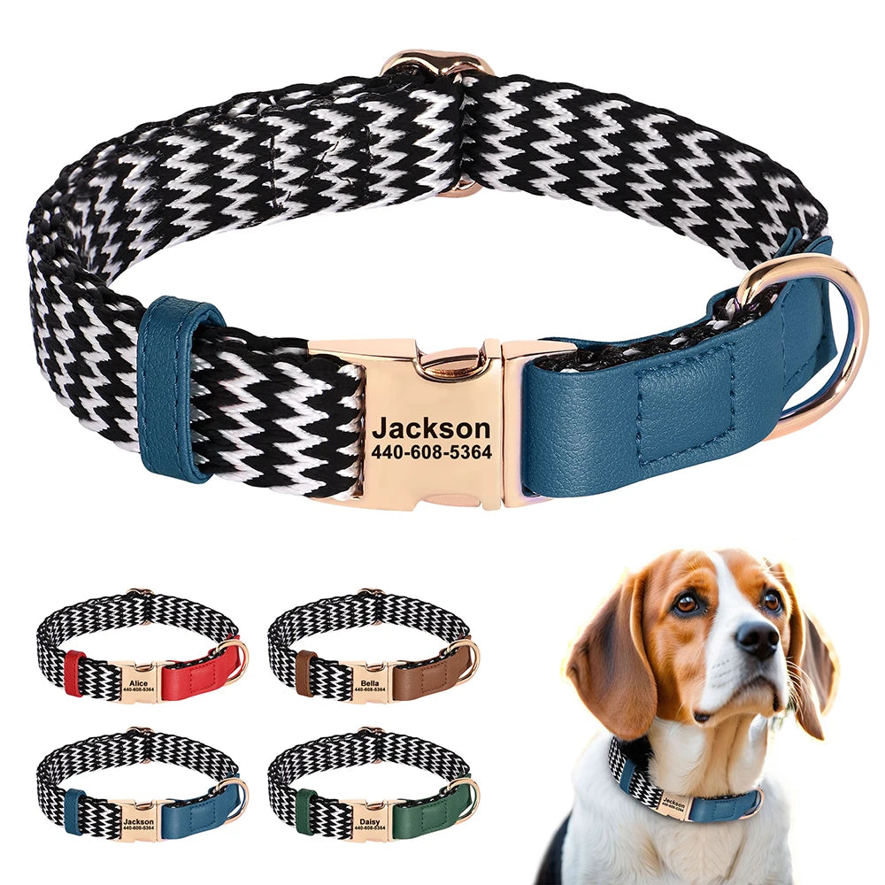 Black nylon dog collar with custom engraved ID tag