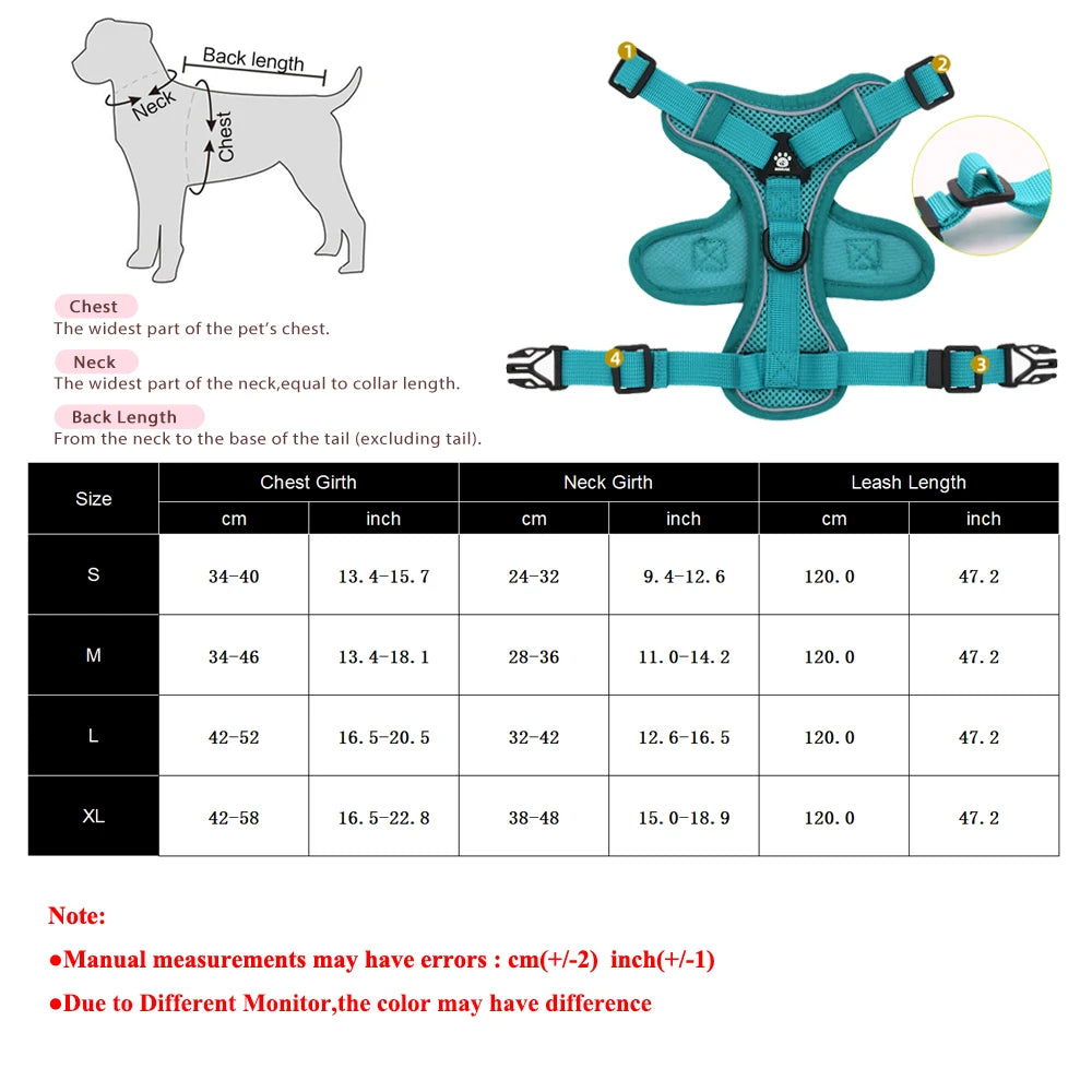 Complete harness and leash set for pets in multiple sizes