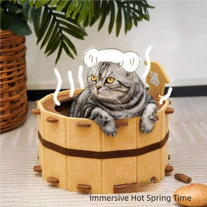 Brown felt semi-enclosed cat bed with fun design