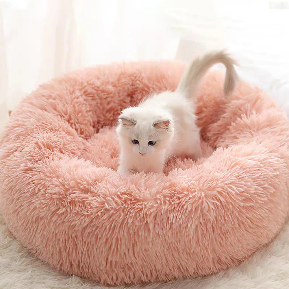 Pink fluffy round cat bed with detachable washable cushion