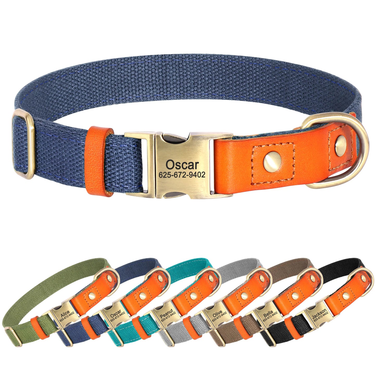 Personalized nylon dog collar with engraved ID tag in brown color
