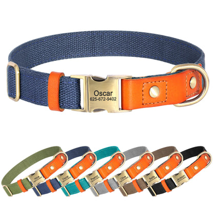 Personalized nylon dog collar with engraved ID tag in brown color